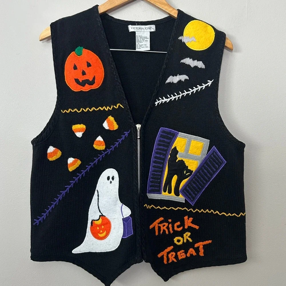 Victoria Jones Halloween Sweater Vest Women L Black Zip Up Ghost Pumpkin Bat VTG